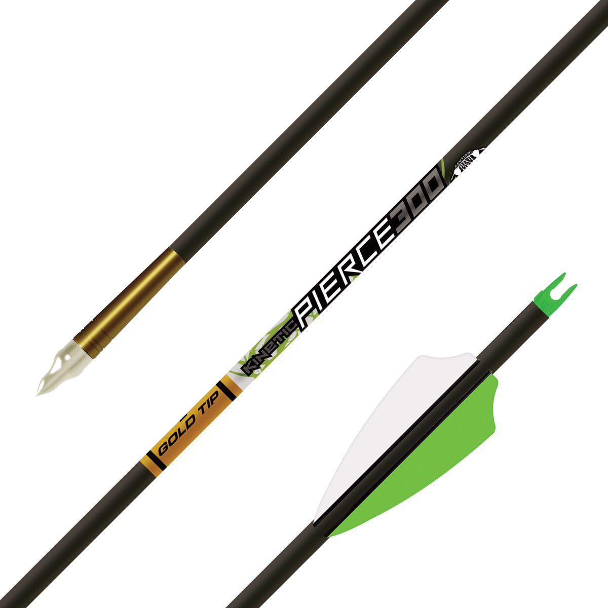 Gold Tip Pierce .166 carbon hunting arrow, point, branding and Fusion X vane detail