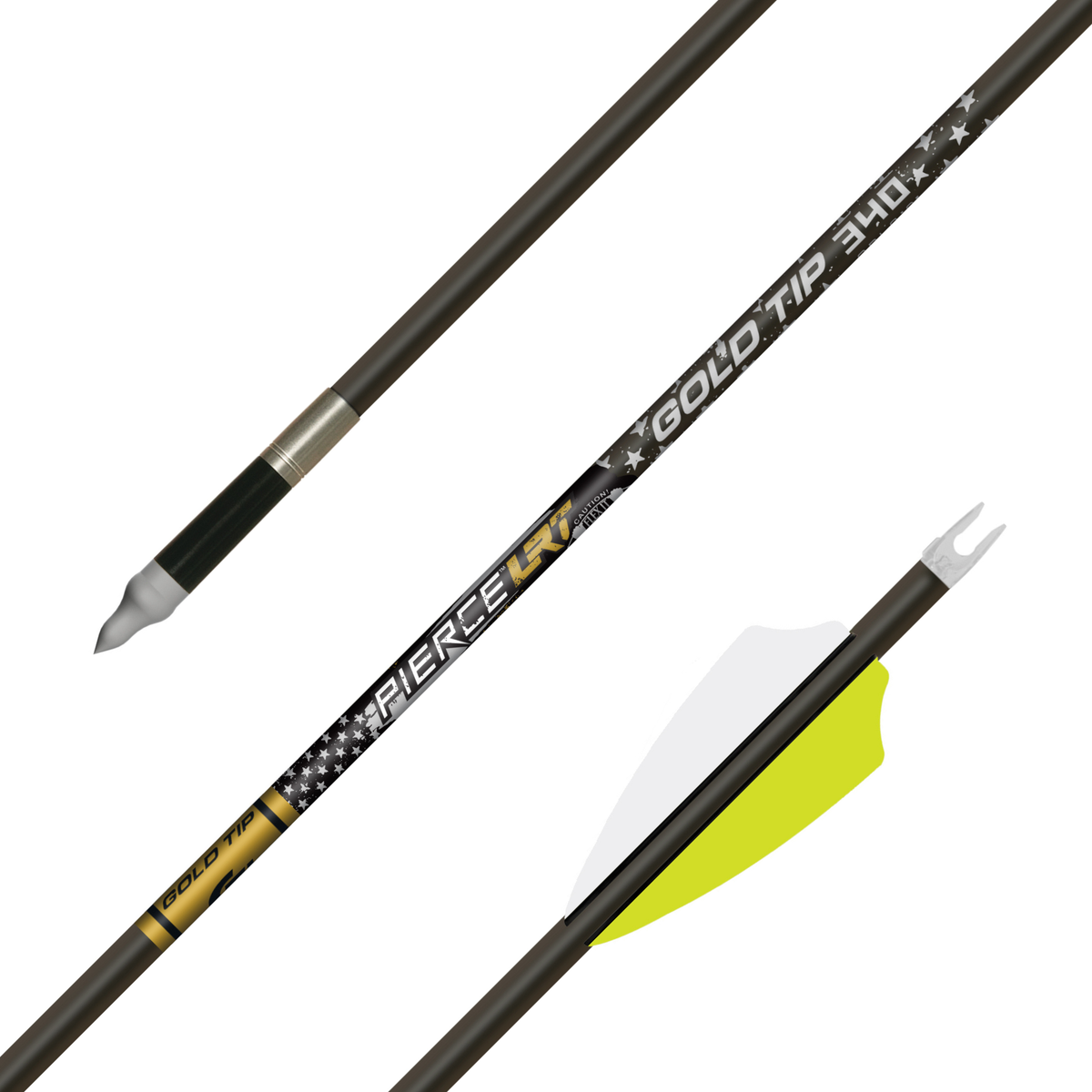 Gold Tip Pierce LRT arrow, point insert, GTO nock and fletching detail