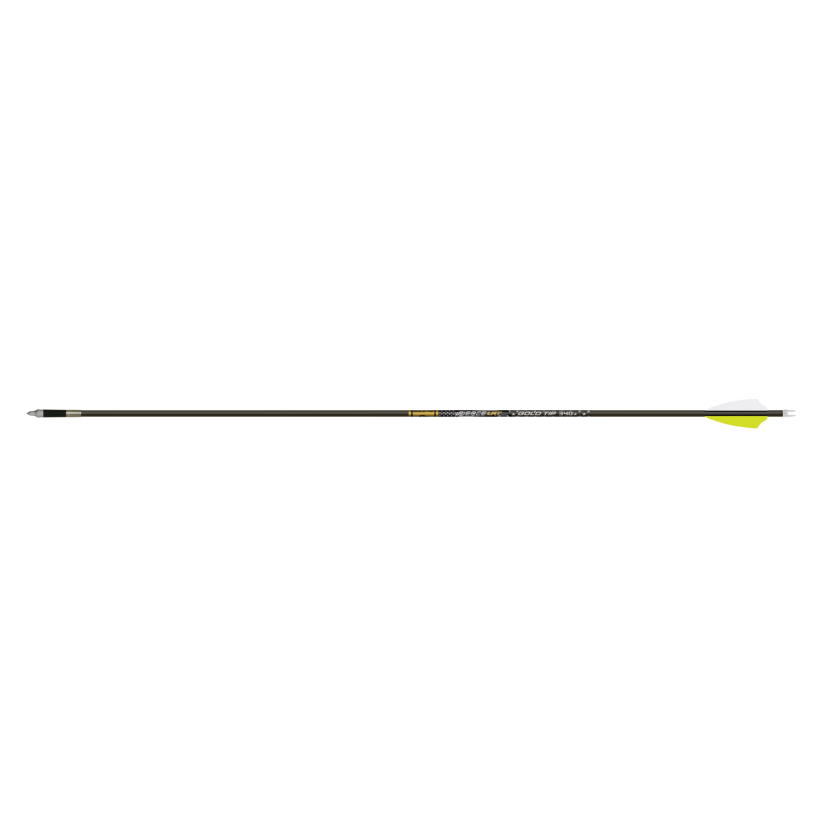 Gold Tip Pierce LRT arrow, full fletched shaft on white background