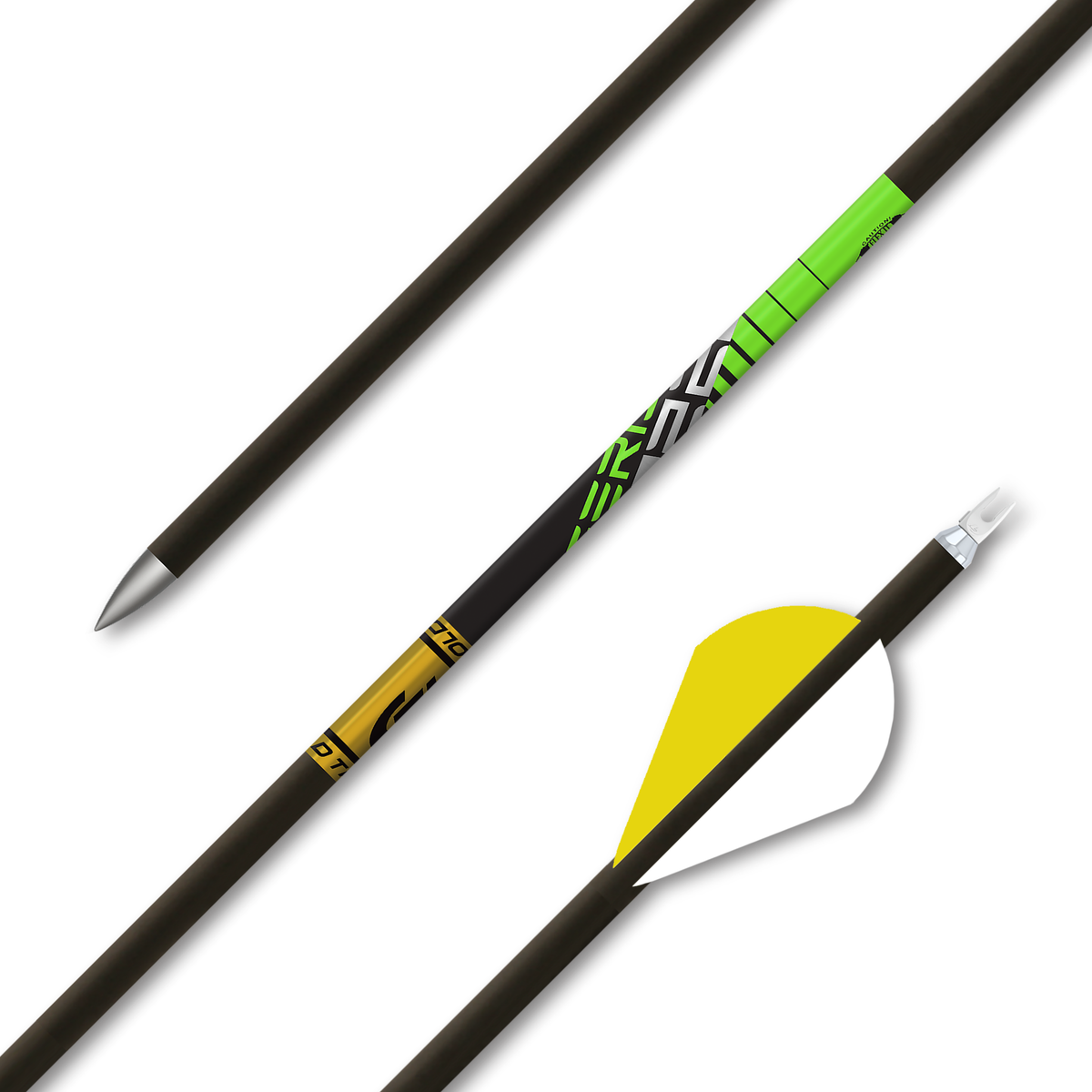 Gold Tip Series 22 Plus, point tip and fletched nock end detail