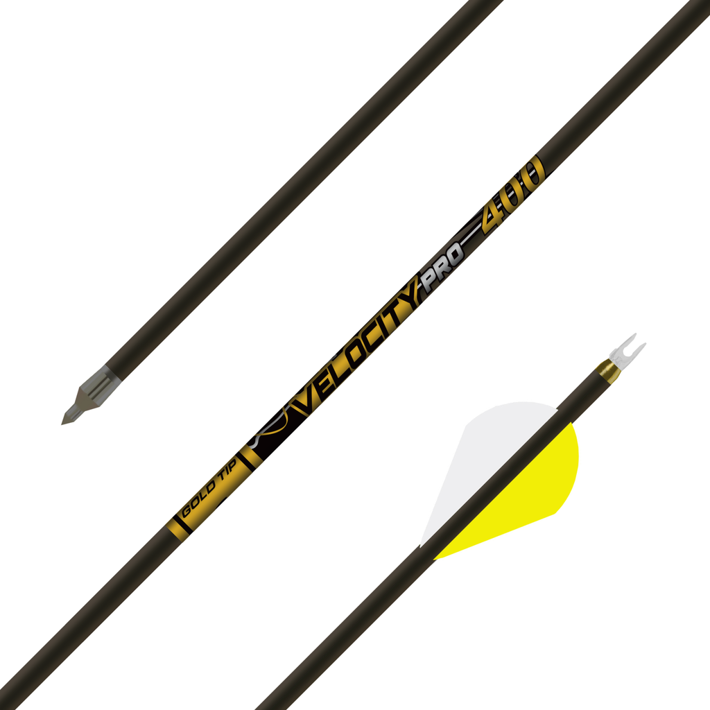 Gold Tip Velocity Pro Arrows .246, 2" Rapt-X vanes white/yellow, field point and nock detail