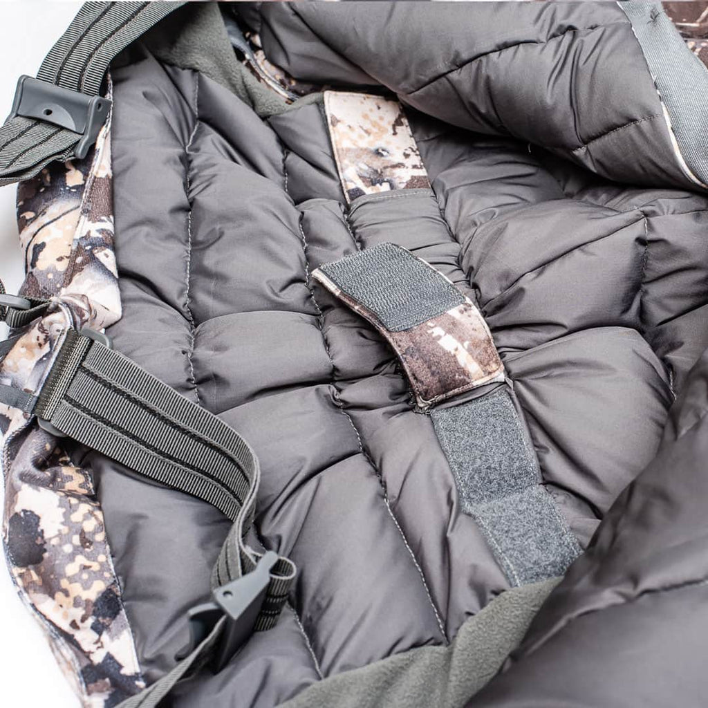 SKRE Guardian Late Season Bibs, Solace, interior down baffles and suspender attachment