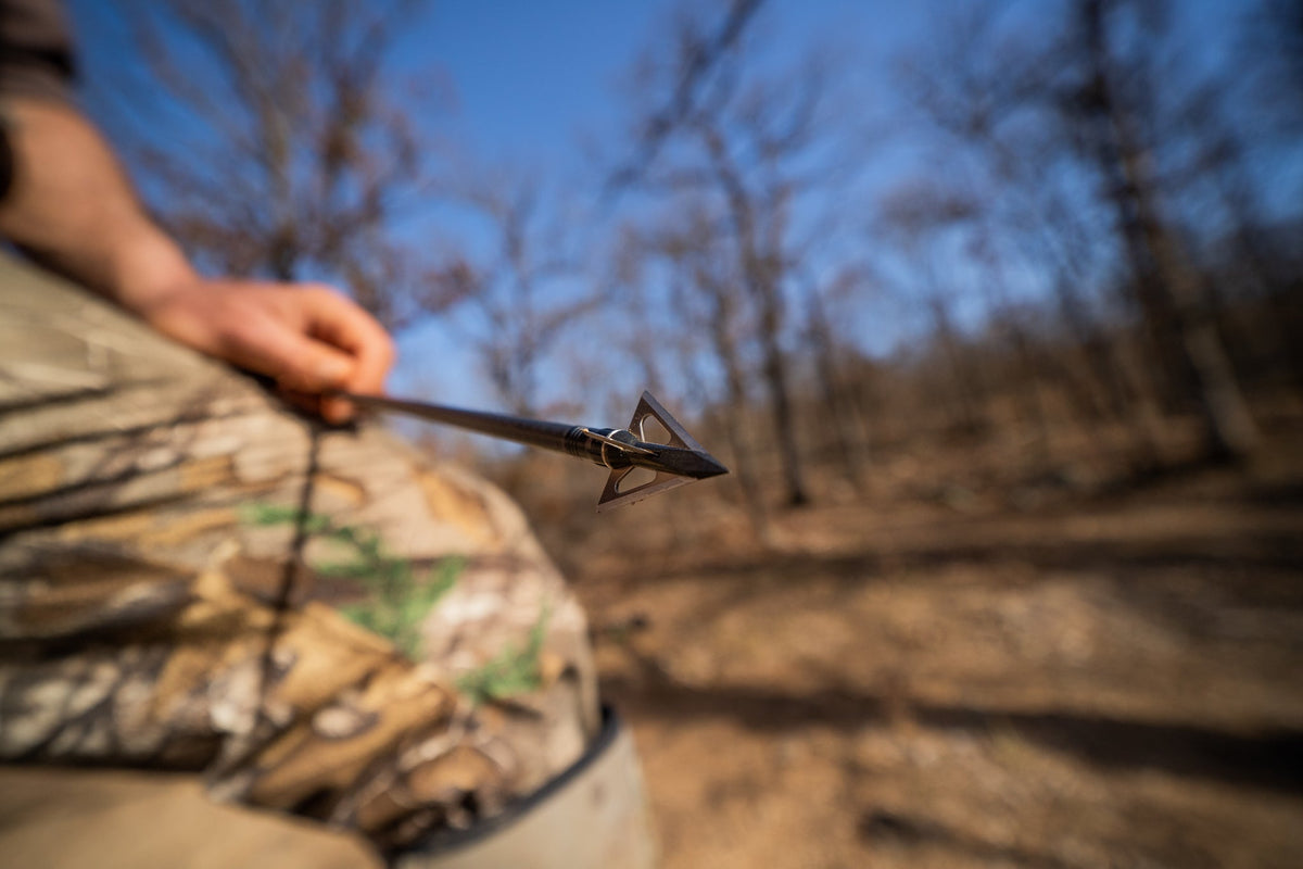 Slick Trick ViperTrick, broadhead on arrow drawn on a bow in the field