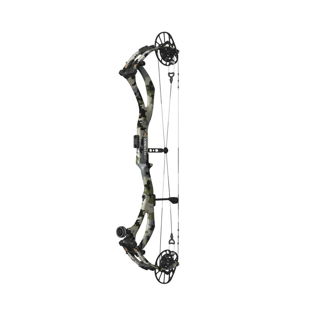 PSE Mach 33 DS Carbon compound hunting bow, Kuiu Verde camo, angled view