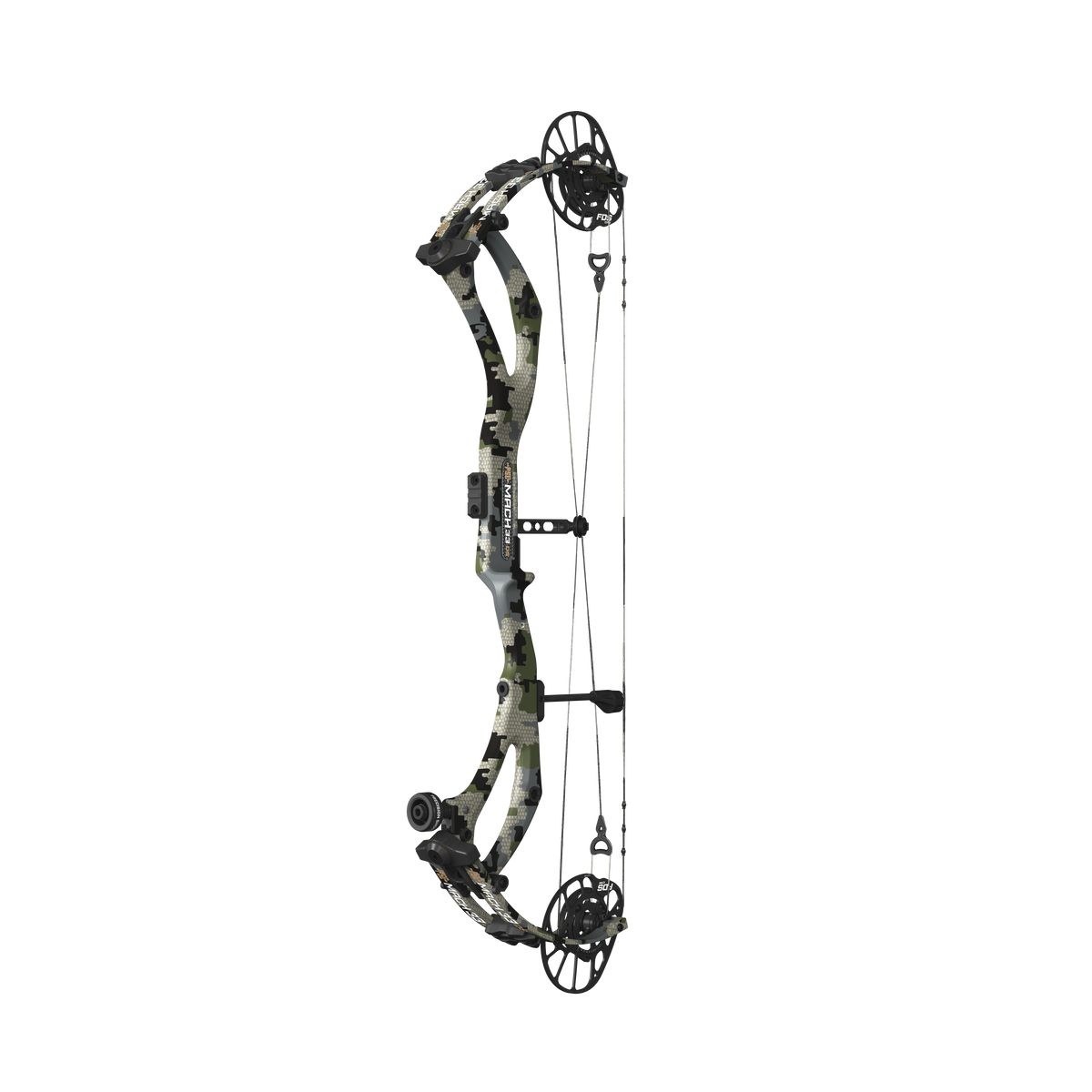 PSE Mach 33 DS Carbon compound hunting bow, Kuiu Verde camo, angled view
