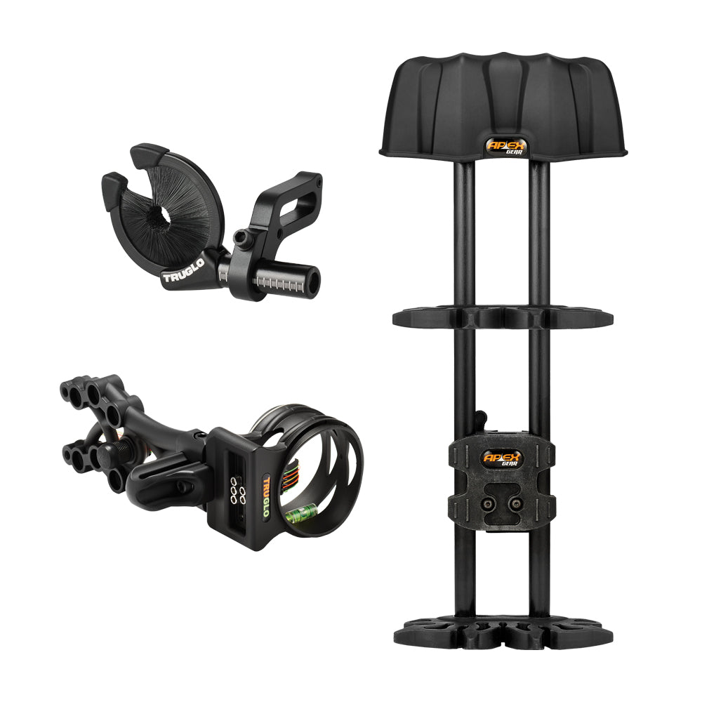 Mission Bowhunter Kit contents: TruGlo EZ arrow rest, TruGlo Carbon XS 5-pin sight and Apex Reactor 5-arrow quiver
