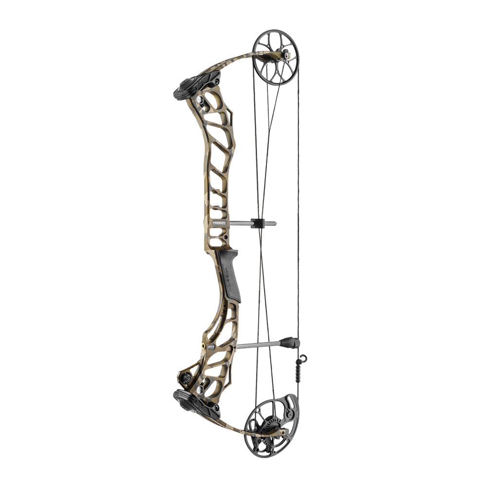 Mission Stryde 30.5 compound bow in Mossy Oak Bottomland camo, side profile