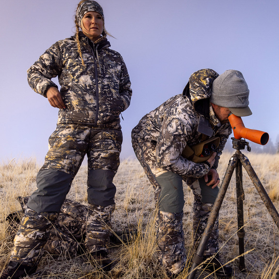 SKRE Ptarmigan Ultra Down Pants, Solace, glassing in cold weather