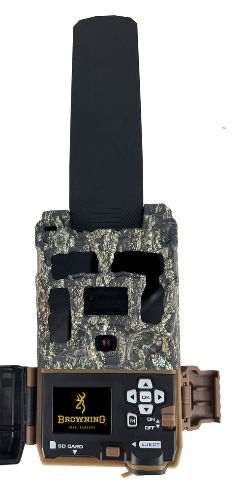Browning Defender Pro Scout Max HD DV trail camera, open, showing the colour view screen and controls