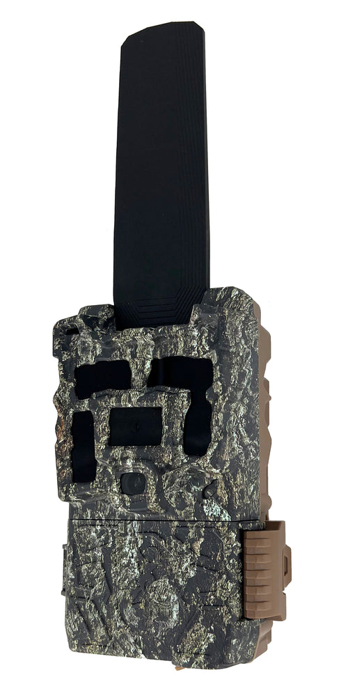 Browning Defender Pro Scout Max HD DV trail camera, front, on white, with the antenna extended