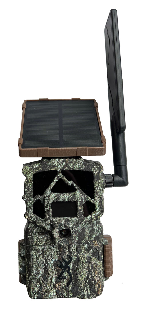 Browning Defender Pro Scout Max HD Solar trail camera, front, on white, with the solar panel and antenna
