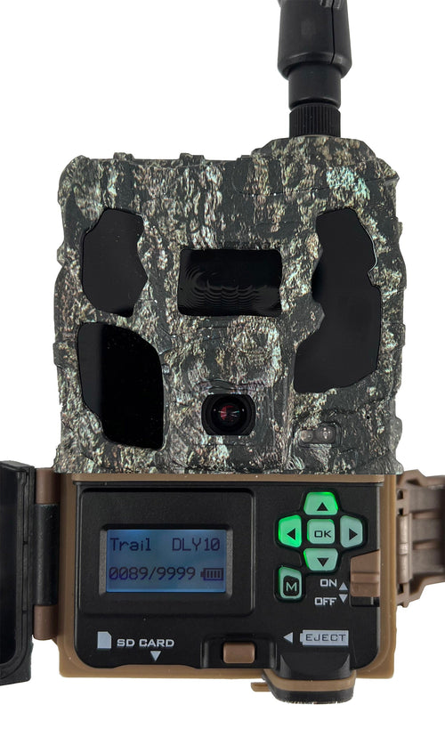 Browning Defender Pro Scout Max HD AI trail camera, open, showing the view screen and controls