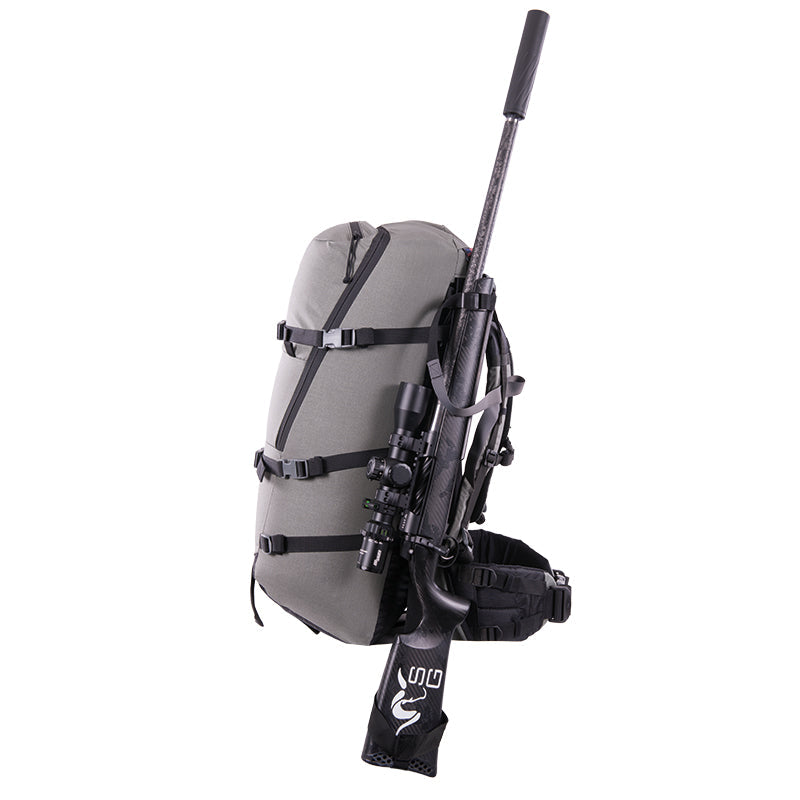 Stone Glacier Quick Release Sling, rifle carried on a Krux frame pack, side view