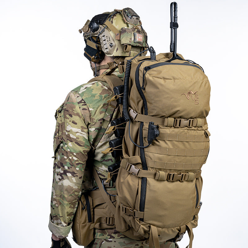 Stone Glacier R3 Radio Harness, Coyote, worn on an R3 pack