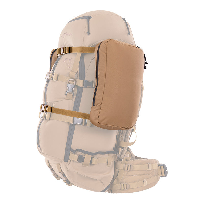 Stone Glacier R3 Side Bags, single bag mounted on an R3 pack, side view