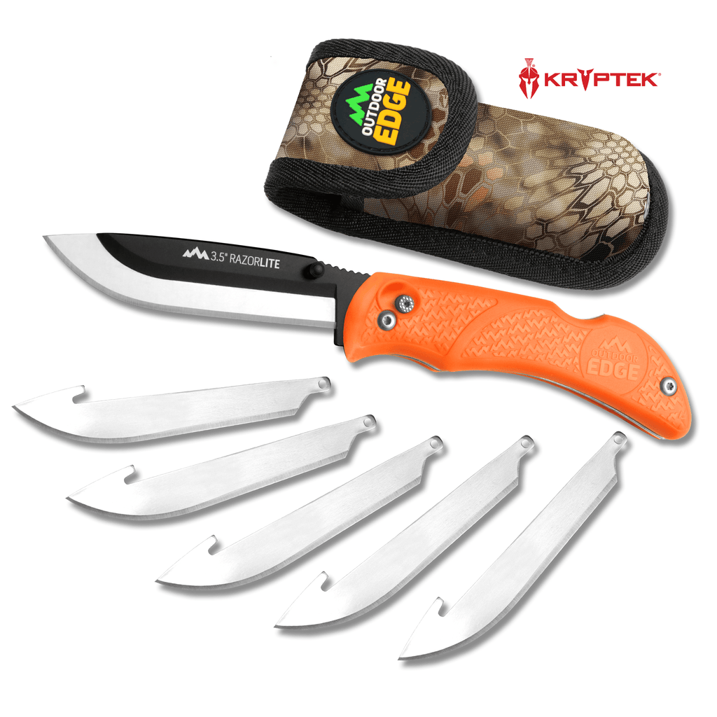 Outdoor Edge 3.5 inch Razor-Lite folding knife in blaze orange with spare blades and camo belt sheath