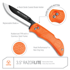 Feature diagram of the blaze orange Razor-Lite showing the blade release button and rubberized grip