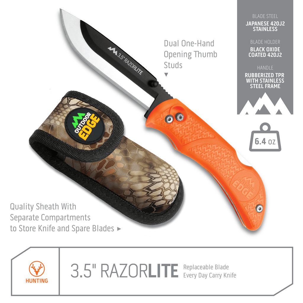 The blaze orange Razor-Lite folded beside its camo belt sheath with specification callouts