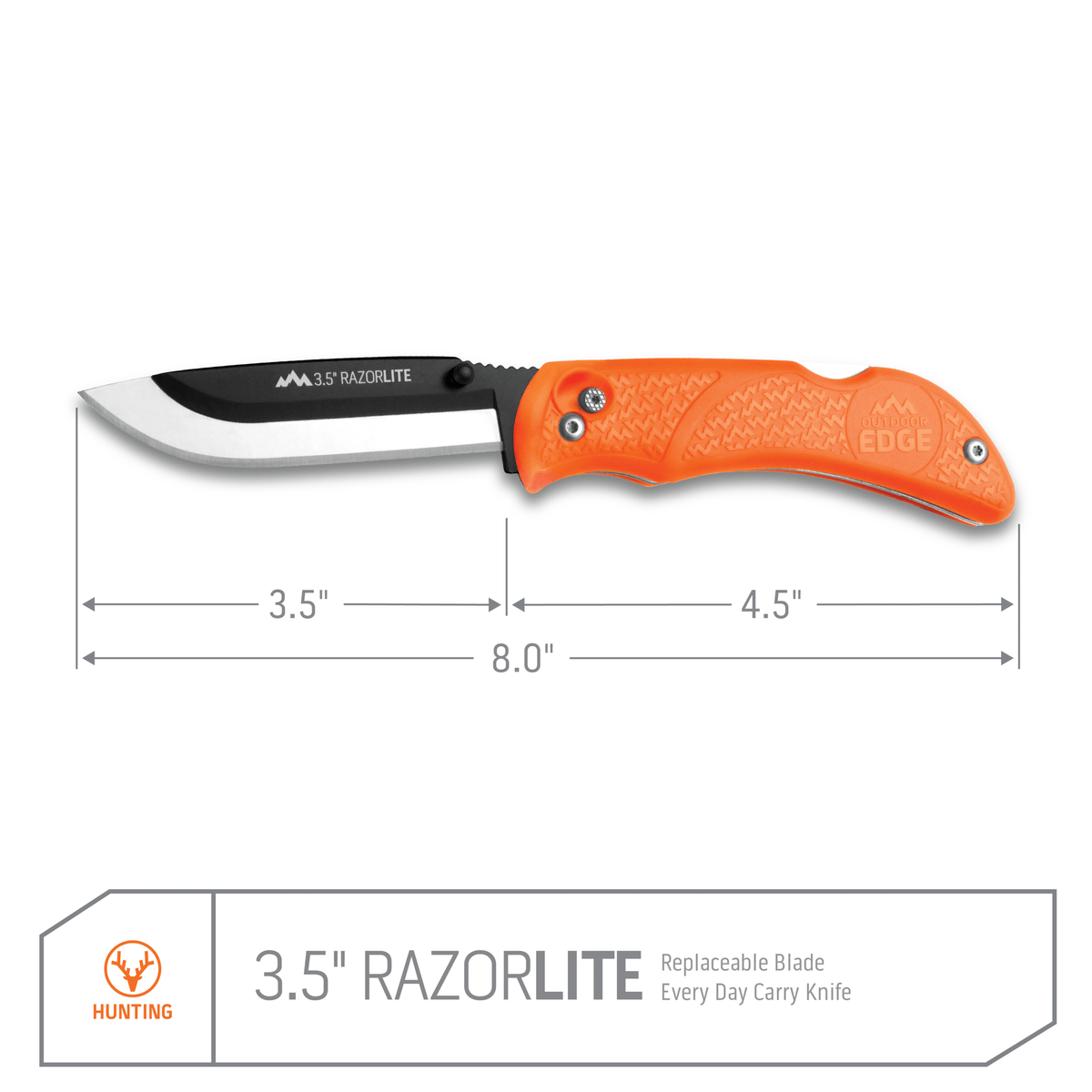 Dimension diagram of the 3.5 inch Razor-Lite showing 3.5 inch blade and 8.0 inch overall length