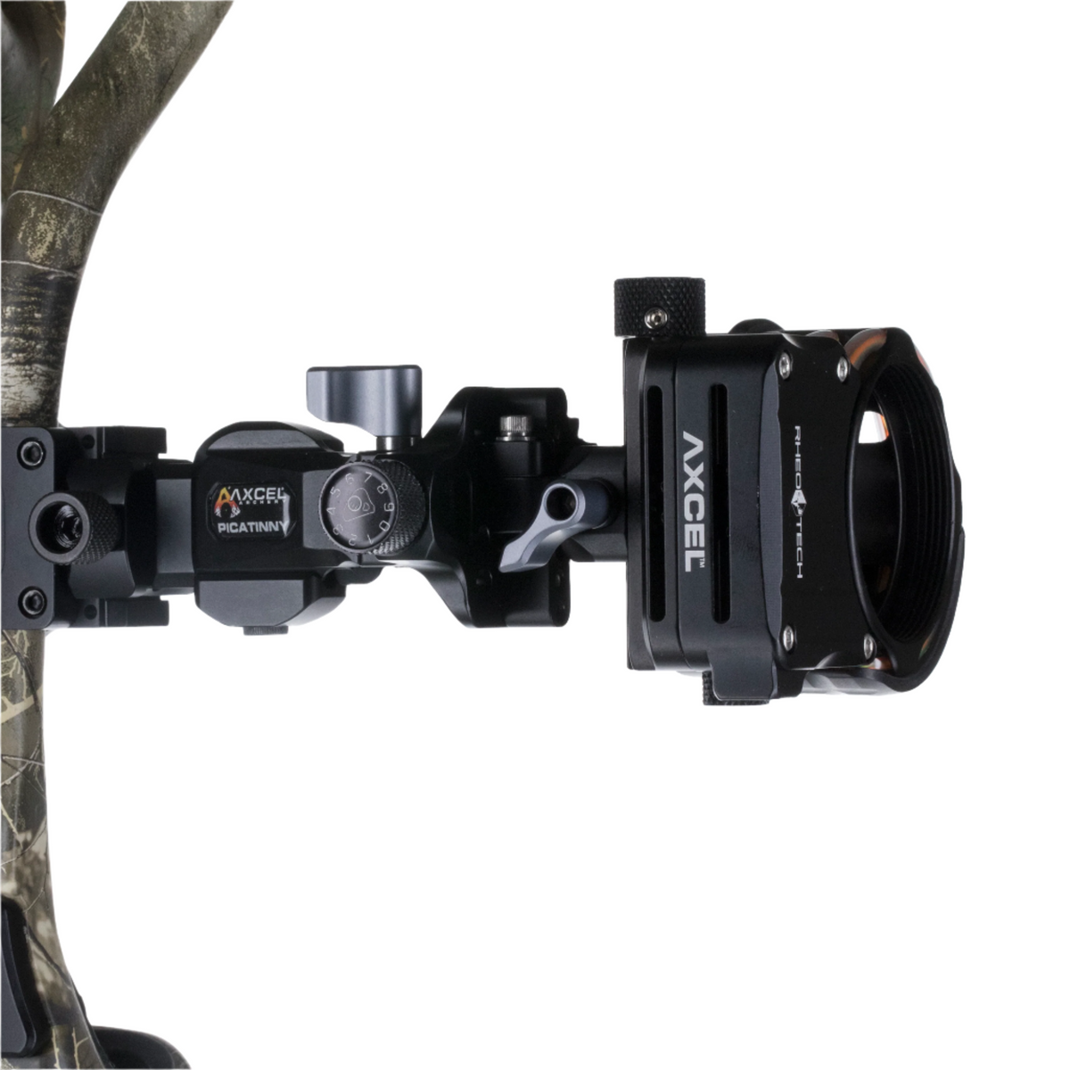 Axcel RheoTech with Picatinny mount fitted to a bow riser