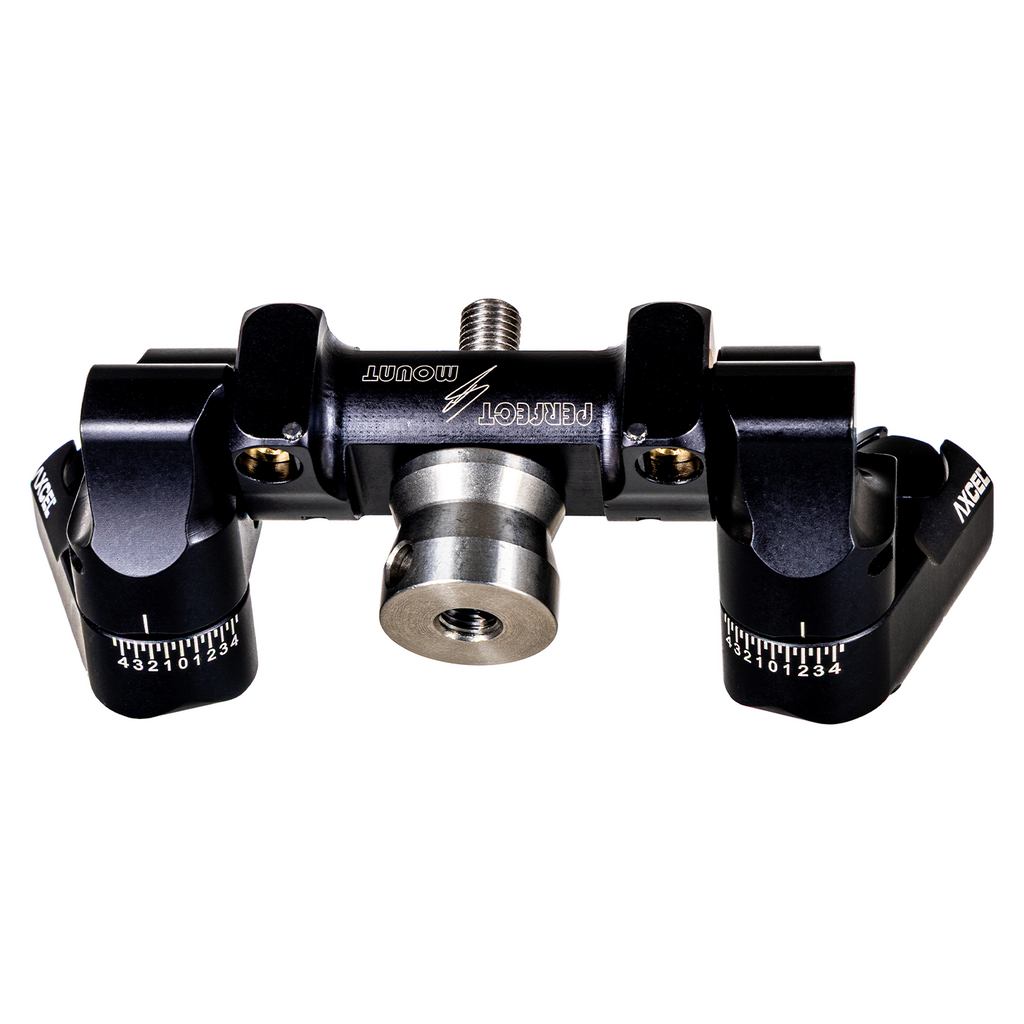 Axcel Perfect Mount V-Bar, Black - front view showing both micro-adjust scales and CenterLock barrel nut