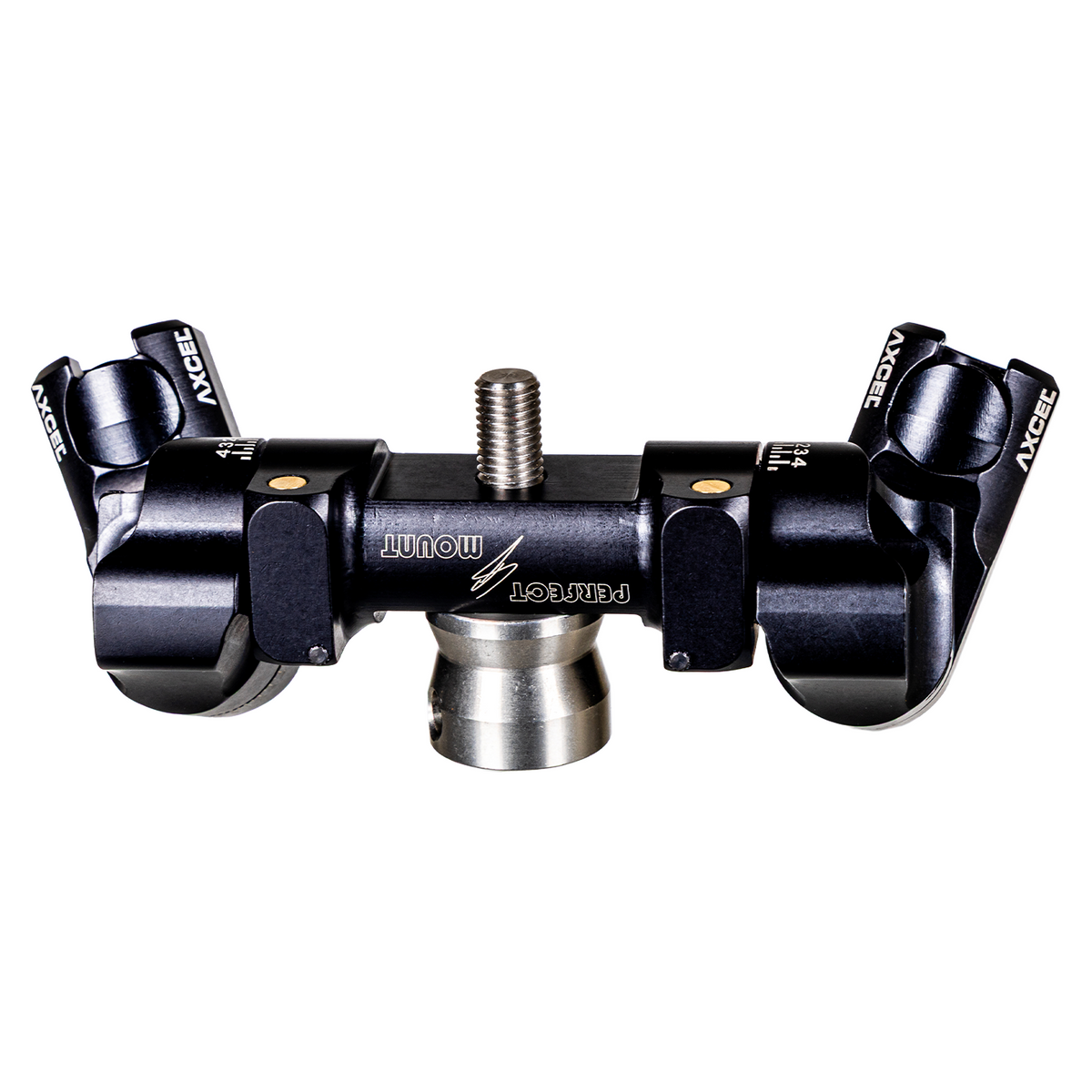 Axcel Perfect Mount V-Bar, Black - front view with side rod clamps angled out and 5/16-24 stainless stud
