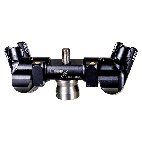 Axcel Perfect Mount V-Bar, Black - front view with side rod clamps angled out and 5/16-24 stainless stud