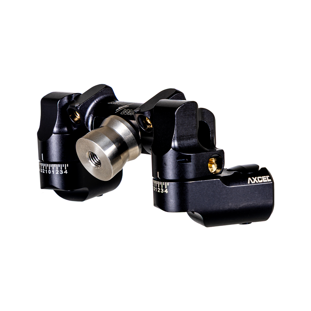Axcel Perfect Mount V-Bar, Black - three-quarter view of TriLock and AnchorGrip mount bodies