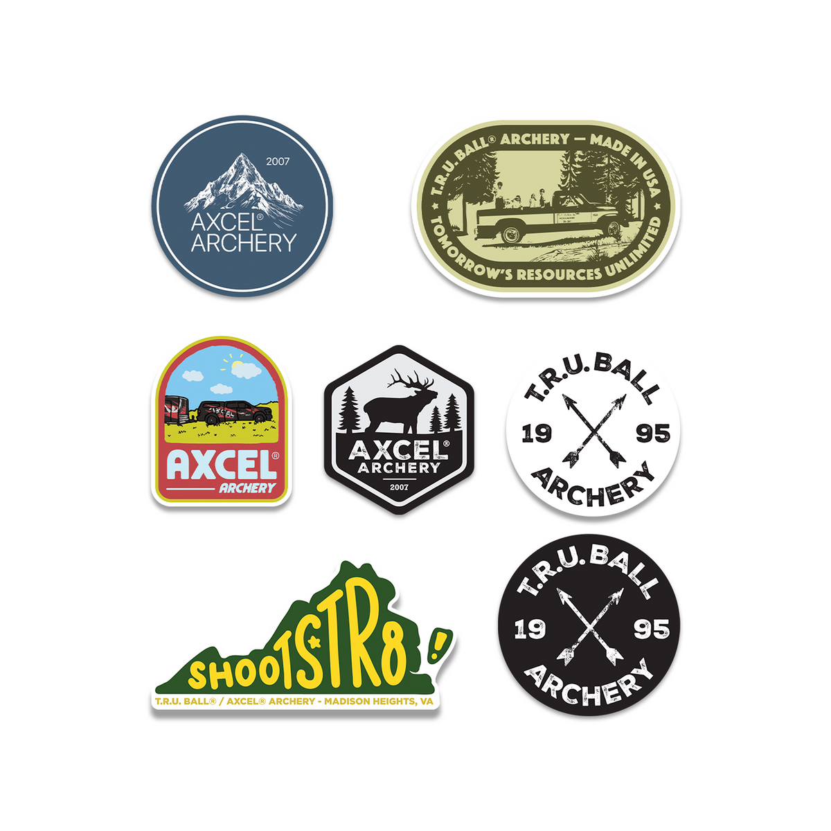 T.R.U. Ball / Axcel sticker collection, all six designs