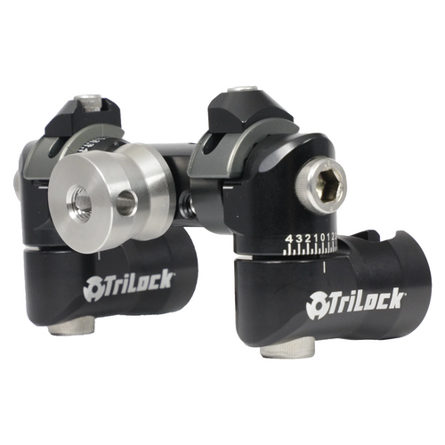 Axcel TriLock Adjustable V-Bar Mount, black anodized, angled view of complete assembly