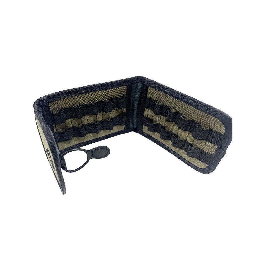 SKRE Shilo Ammo Pouch, olive with black trim, open interior showing elastic cartridge loops