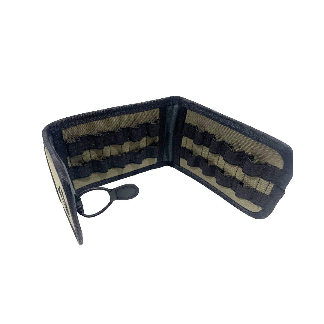 SKRE Shilo Ammo Pouch, olive with black trim, open interior showing elastic cartridge loops