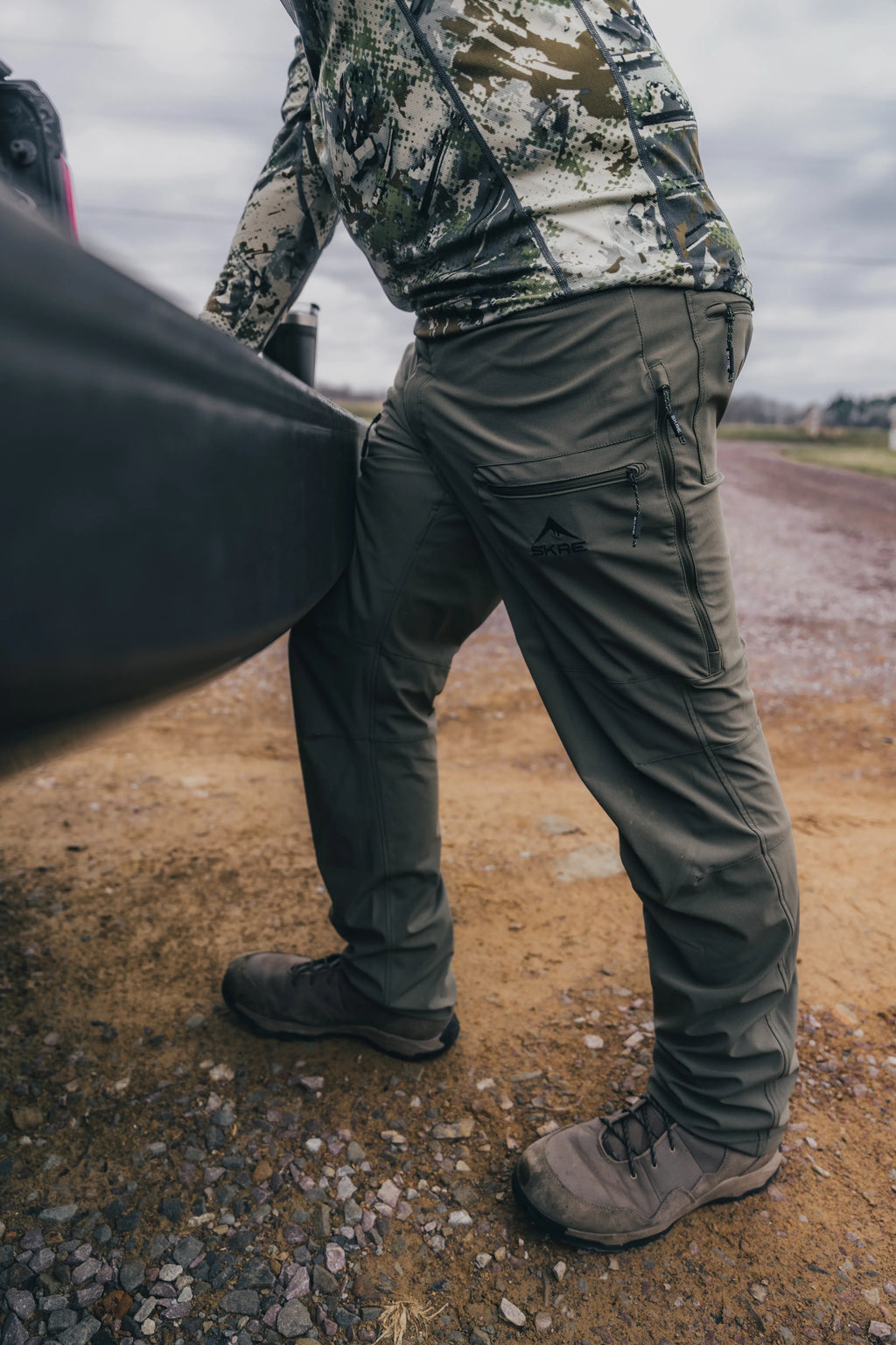 SKRE Venture Flex Pant worn in the field, Olive Green