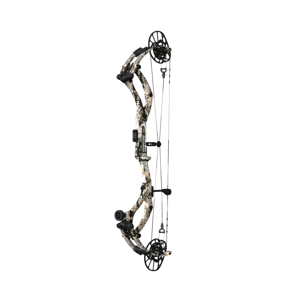 PSE Sicario Carbon compound hunting bow, Kryptek Skyfall camo, angled view