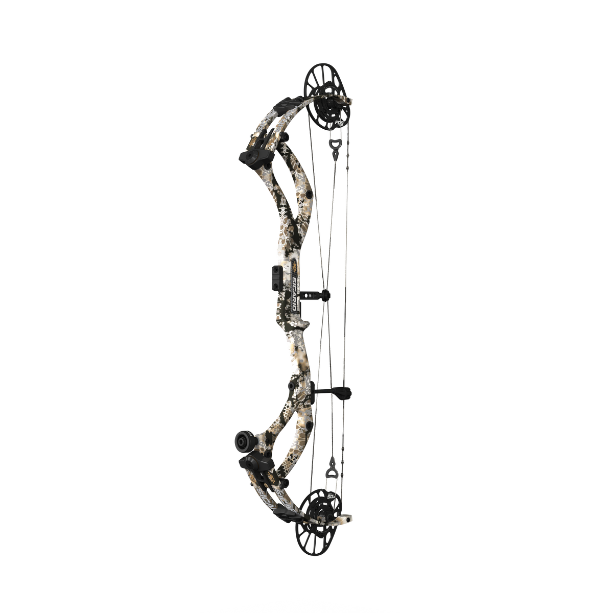 PSE Sicario Carbon compound hunting bow, Kryptek Skyfall camo, angled view
