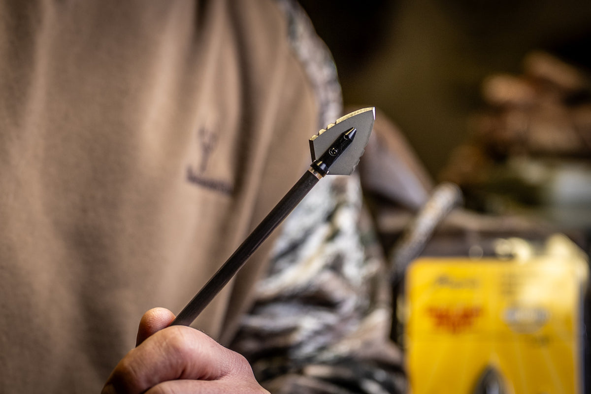 Magnus Single Bevel Buzzcut serrated broadhead mounted on an arrow