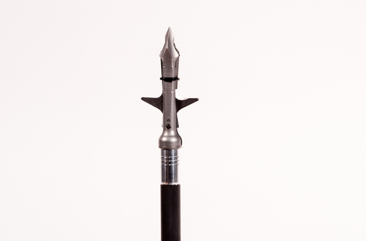 Slick Trick RaptorTrick mechanical broadhead, closed on arrow