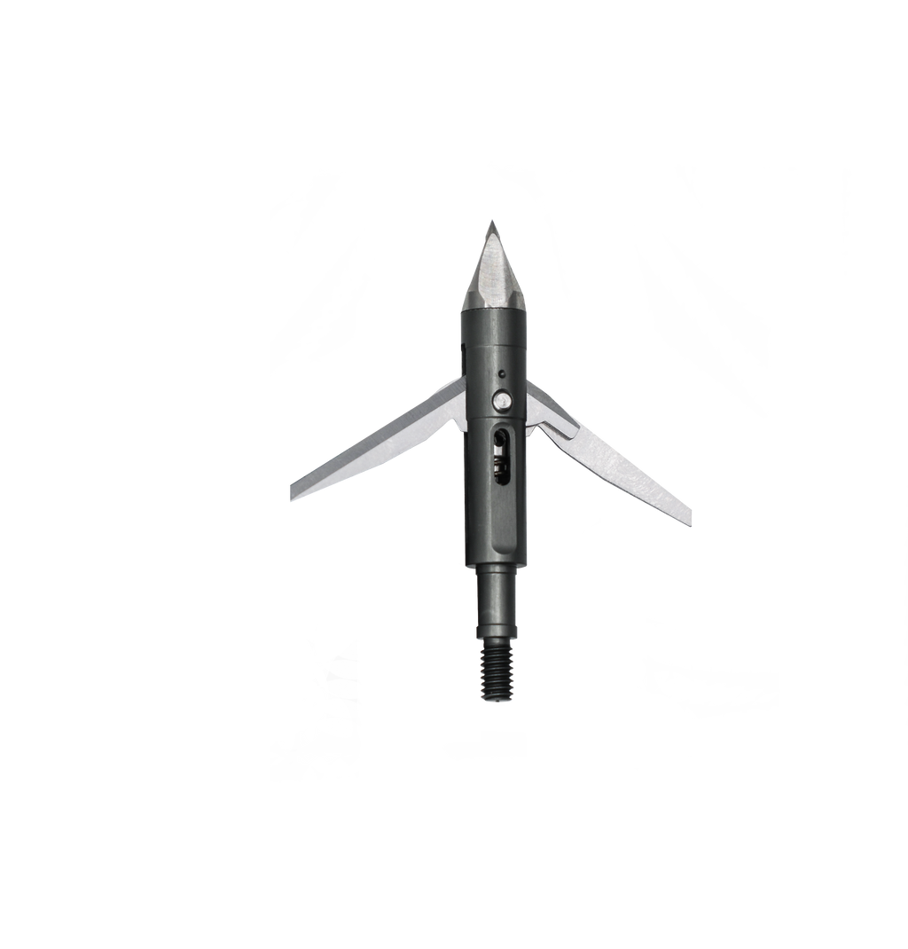 Slick Trick Torch, expandable broadhead with blades deployed on arrow