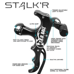 T.R.U. Ball Stalk'r feature diagram: pinch-to-load jaw, travel and sensitivity adjustment, multi-positional thumb barrel