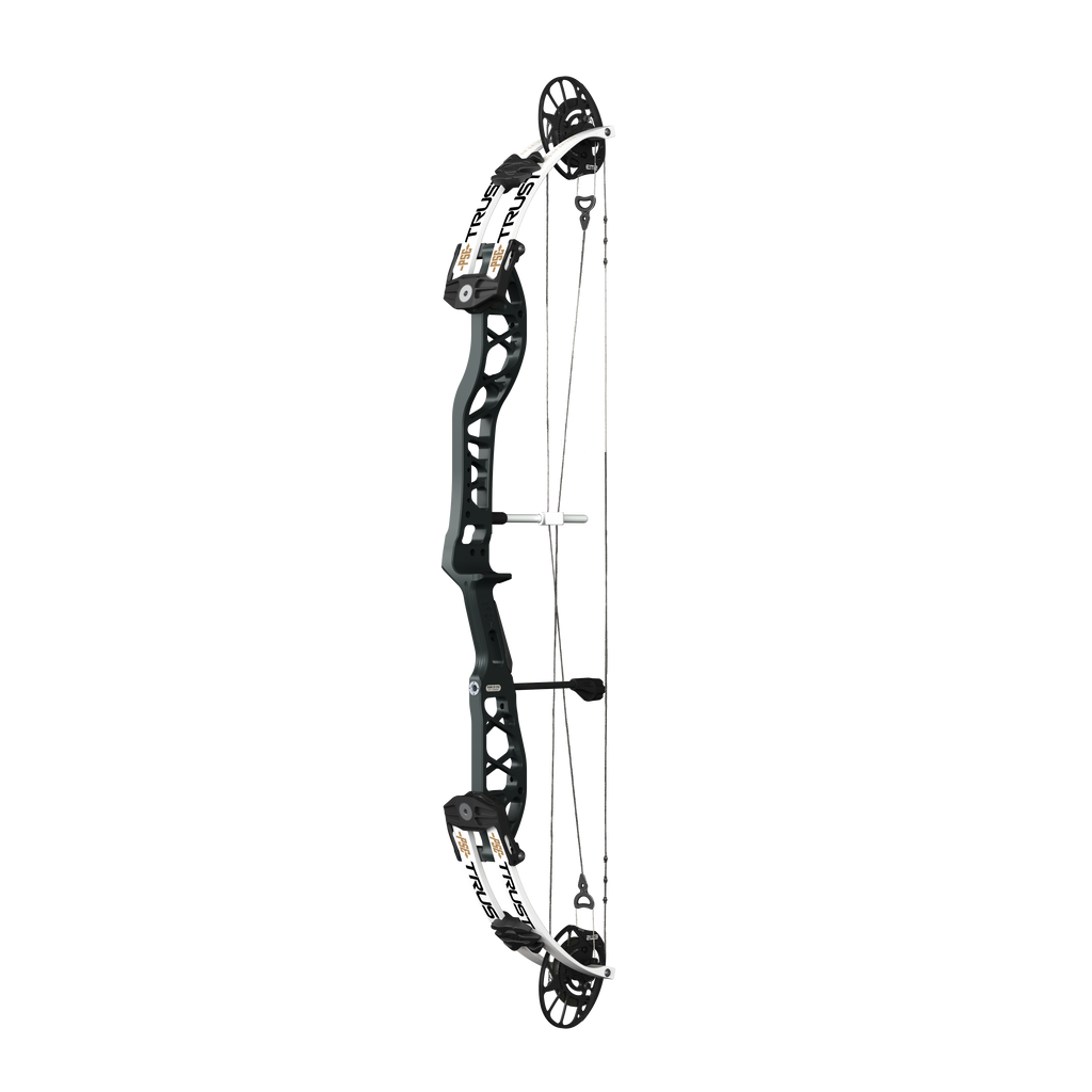 PSE Supra X Trust 37 EM2 target compound bow, Armor Black riser, 45-degree view