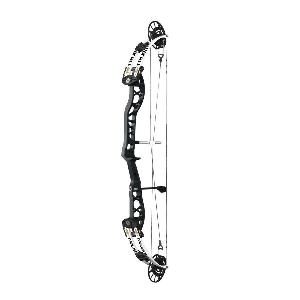 PSE Supra X Trust 37 EM2 target compound bow, Armor Black riser, 45-degree view
