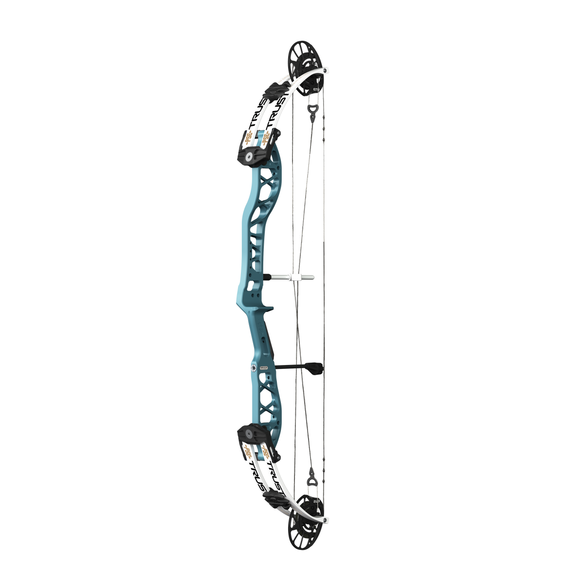 PSE Supra X Trust 37 EM2 target compound bow, Aztec Teal riser, 45-degree view