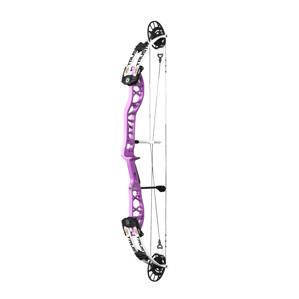 PSE Supra X Trust 37 EM2 target compound bow, Purplexed riser, 45-degree view