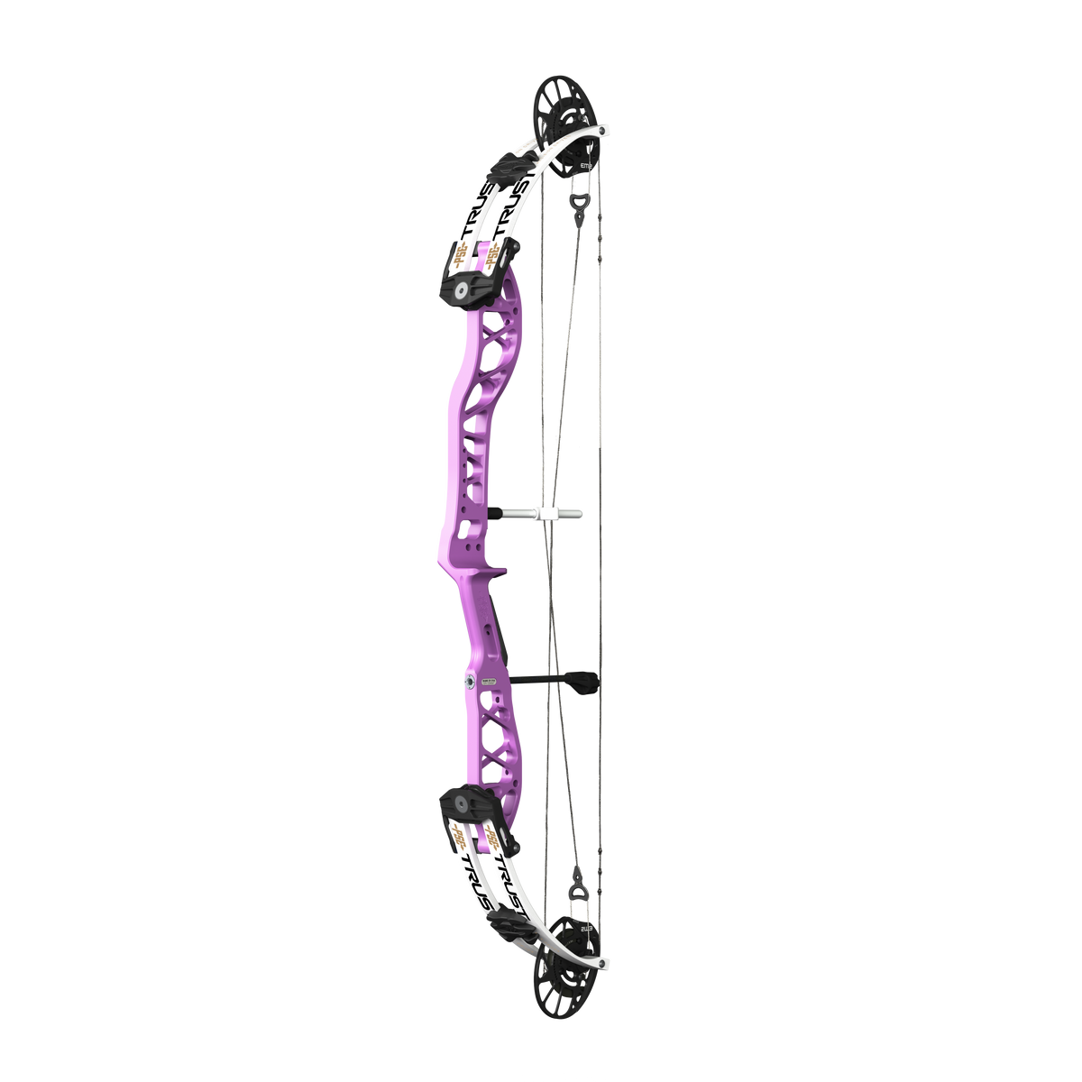 PSE Supra X Trust 37 EM2 target compound bow, Purplexed riser, 45-degree view
