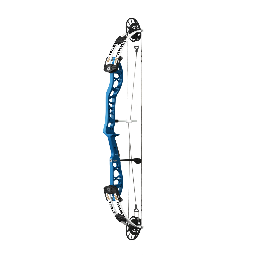 PSE Supra X Trust 37 EM2 target compound bow, Ridgeway Blue riser, 45-degree view
