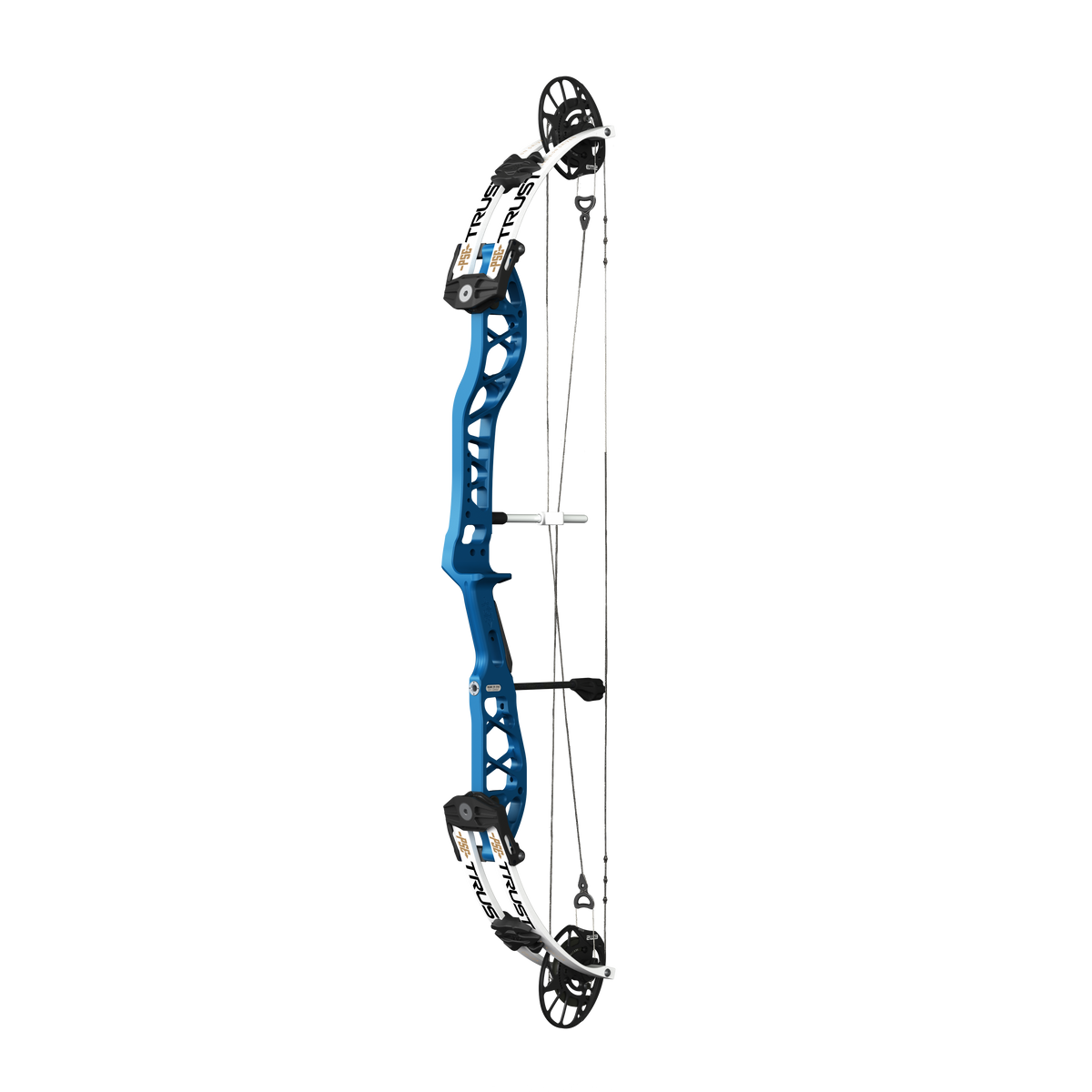 PSE Supra X Trust 37 EM2 target compound bow, Ridgeway Blue riser, 45-degree view