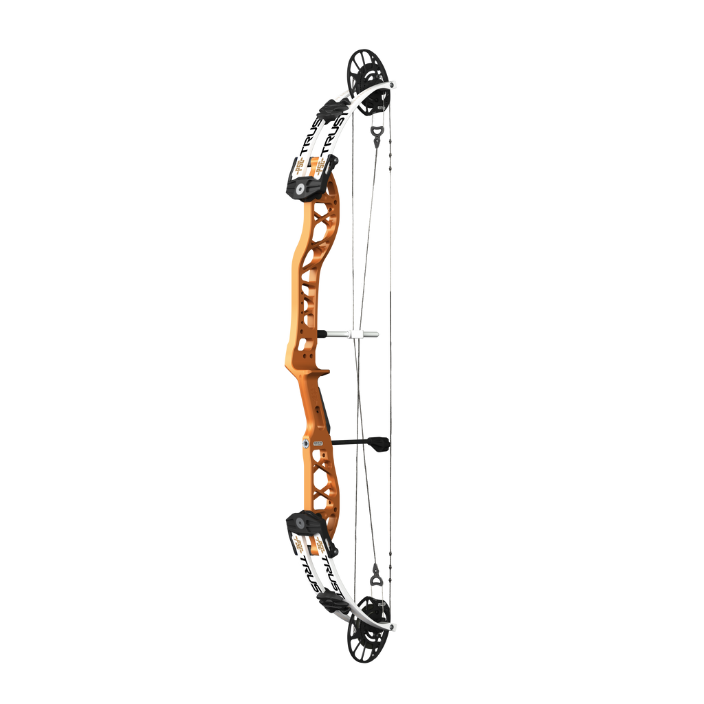 PSE Supra X Trust 37 EM2 target compound bow, Tequila Sunrise riser, 45-degree view