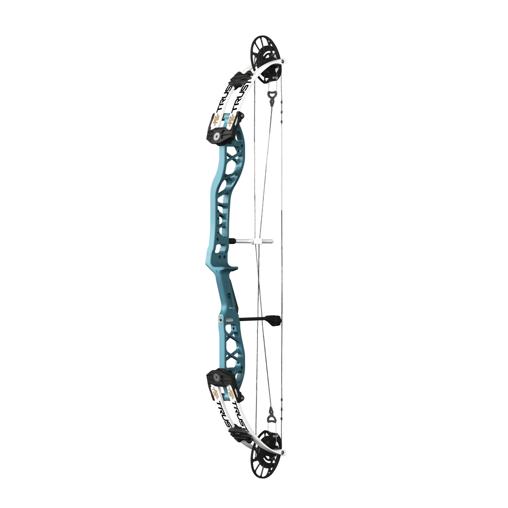 PSE Supra X Trust 37 EM2 target compound bow, White riser, 45-degree view