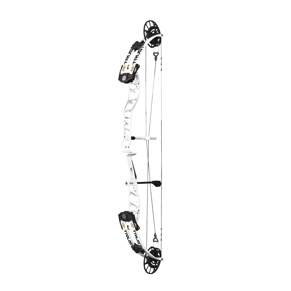 PSE Supra X Trust 37 EM2 target compound bow, White riser, 45-degree view