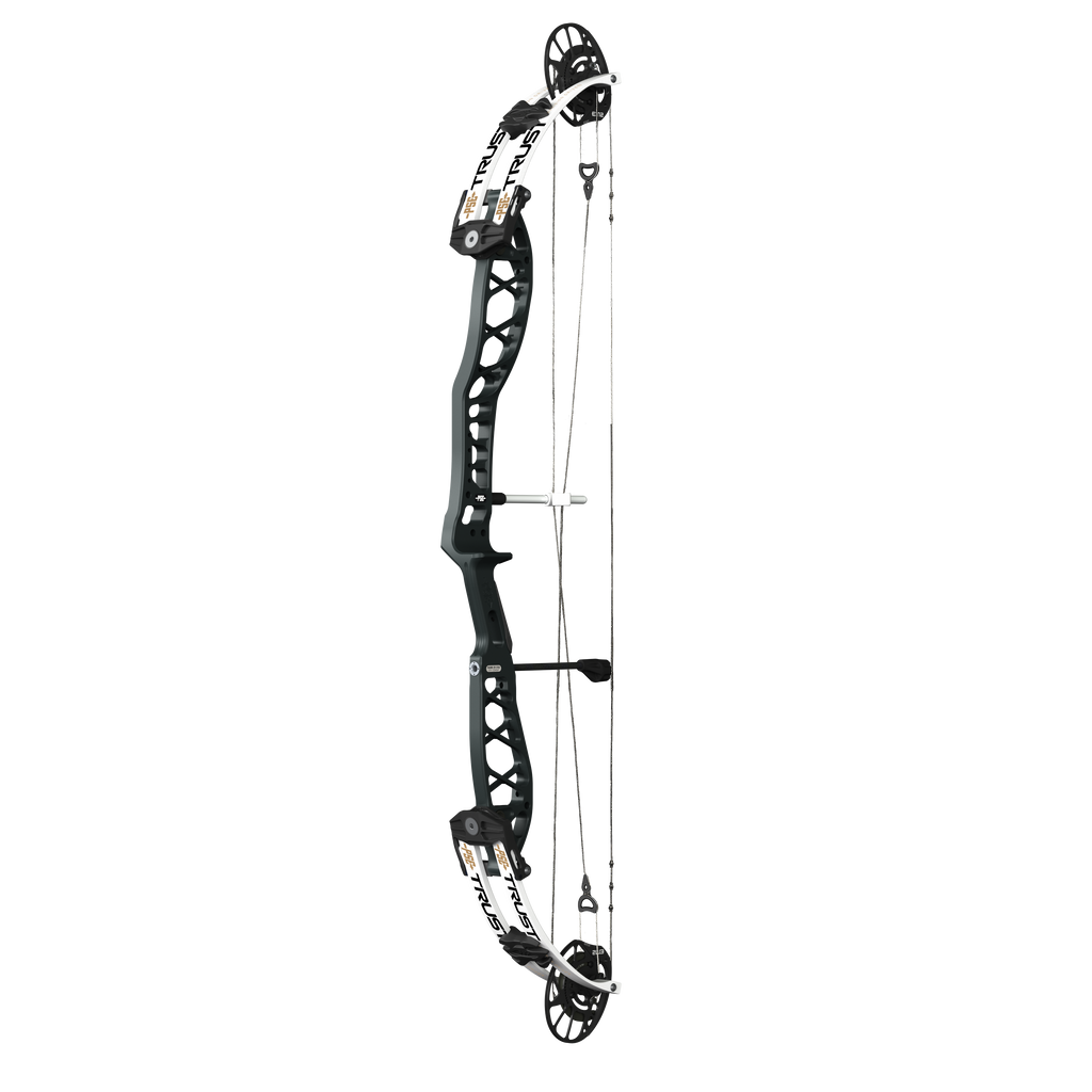 PSE Supra X Trust 40 EM2 target compound bow, Armor Black riser, 45-degree view